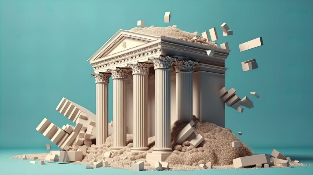 A rendered, historical bank crumbling to the ground.