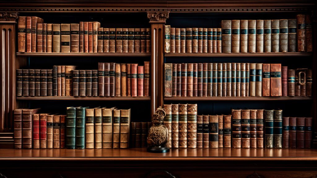 Bookshelves filled with law books.