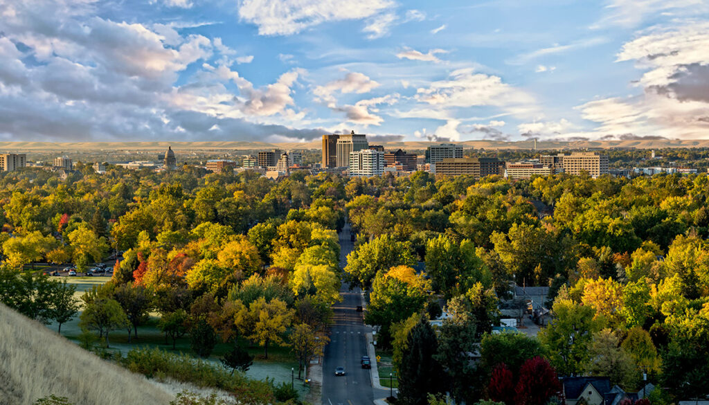 Autumn view of the city of trees Boise Idaho with cloudy sky