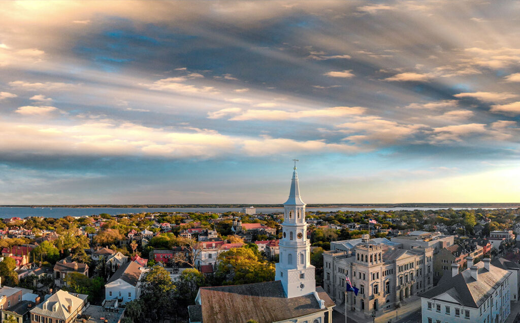 Skyline of Charleston at sunset, aerial view of South Carolina