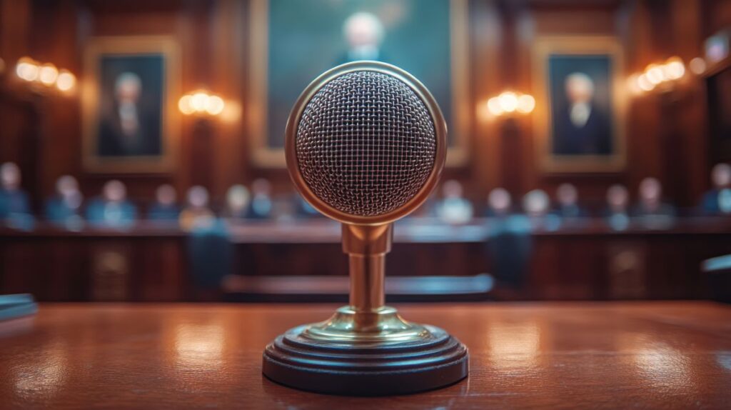 Image of a microphone in a court room.