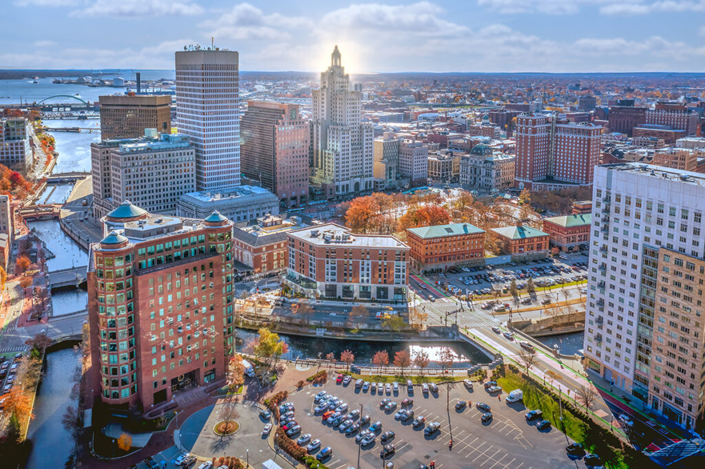 Aerial Providence Rhode Island during sunset