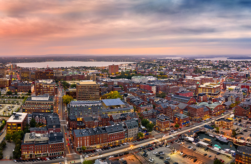 Aerial panorama of Portland, Maine at dusk